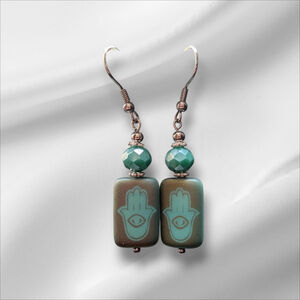 Iridescent Czech Glass Hamsa Dangle Earrings: Stainless Steel Hooks